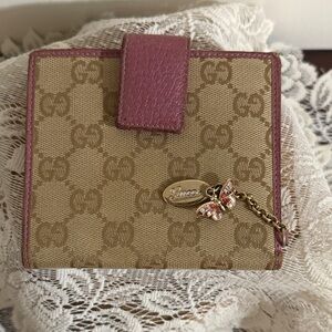 Authentic Gucci Beige/Pink Canvas & Leather French Flap Wallet